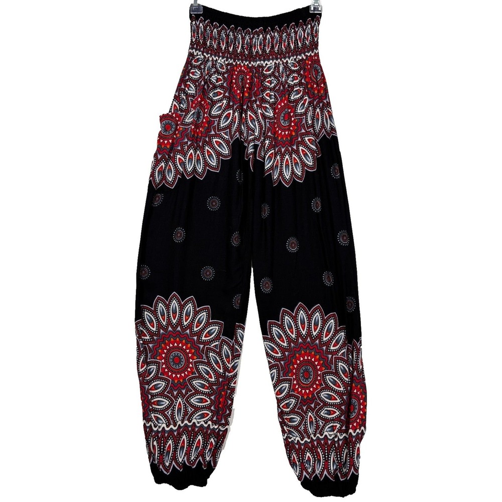 Banjamaya Harem Pants Black Red Mandala Boho Smocked Waist Festival Yoga Medium